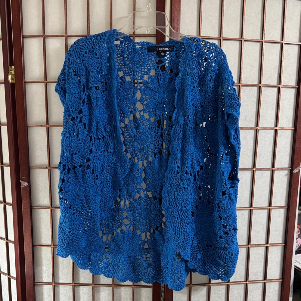 Denim&Co Royal Blue Crochet Open-Front Cardigan Vest